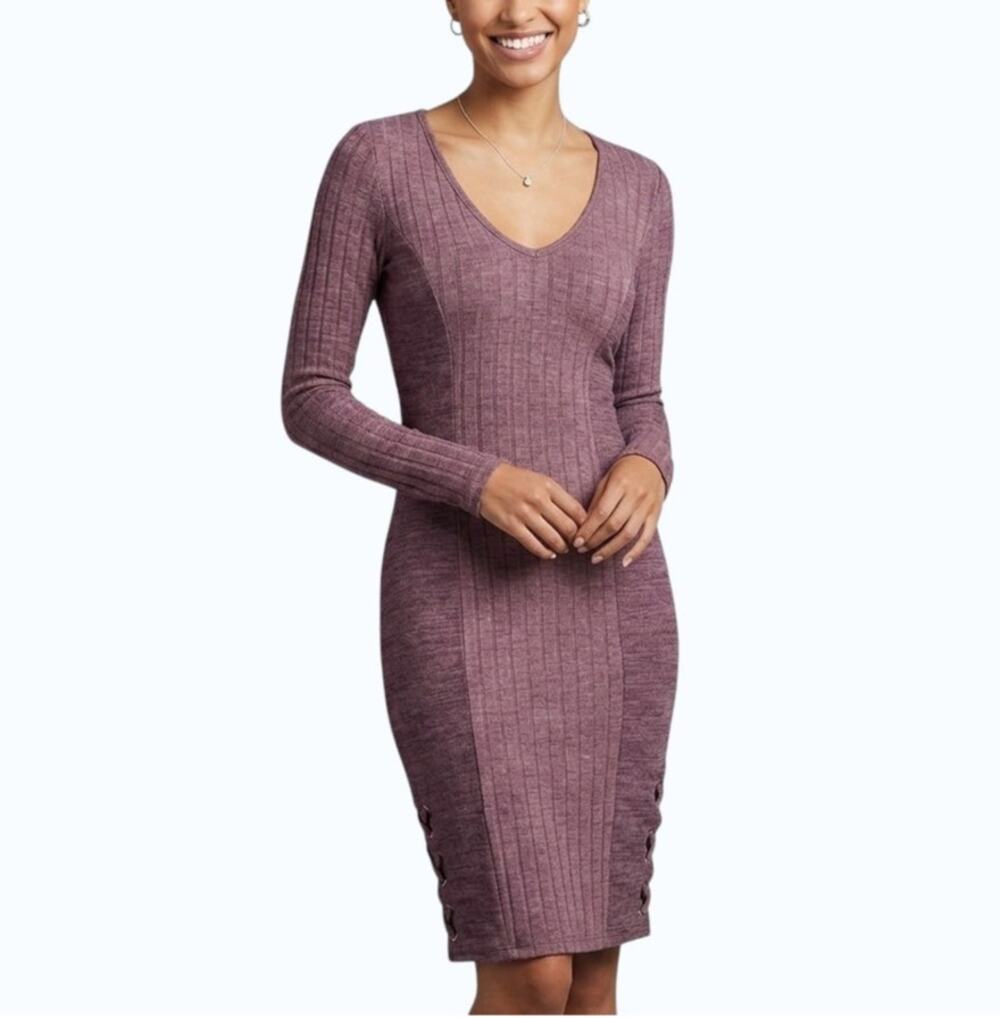 Laila Jayde Fitted Long Sleeve Dress Burgundy Knit V-Neck Women XS NWT